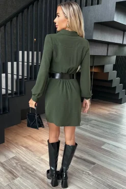 Olive Button Front Belted Shirt Mini Dress