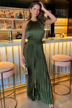 Olive Halter Neck Shirred Waist Pleated Jumpsuit
