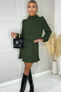 Olive High Neck Long Sleeve Mini Dress