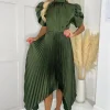 Olive High Neck Puff Sleeve Zig Zag Hem Pleated Midi Dress