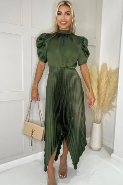 Olive High Neck Puff Sleeve Zig Zag Hem Pleated Midi Dress