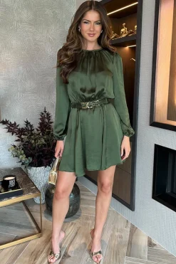 Olive Long Sleeve Belted Skater Mini Dress