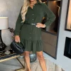 Olive Long Sleeve Frill Hem Shirt Mini Dress