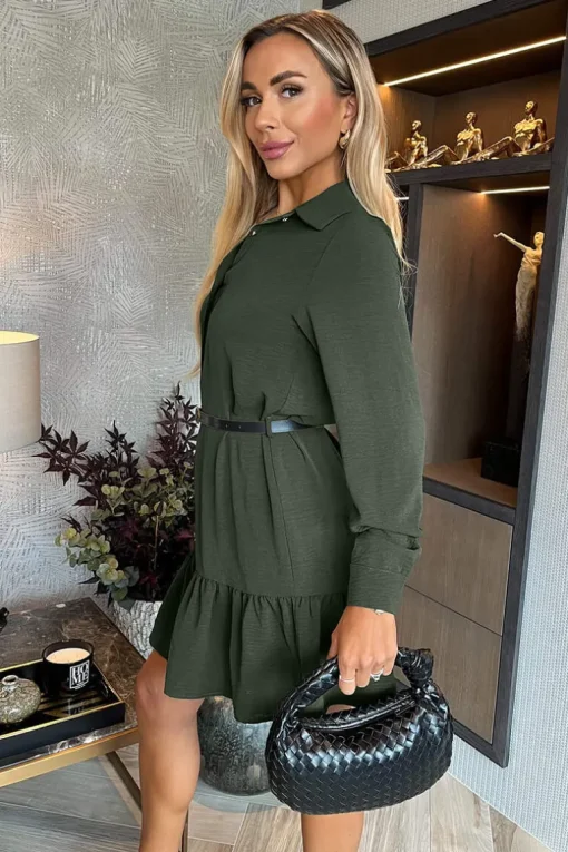 Olive Long Sleeve Frill Hem Shirt Mini Dress