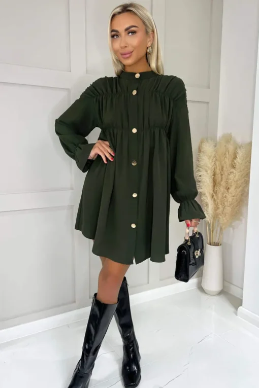 Olive Long Sleeve Gathered Detail Button Front Dress