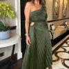 Olive One Shoulder Pleated Satin Midi Dress