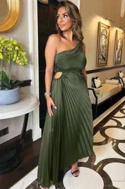 Olive One Shoulder Pleated Satin Midi Dress