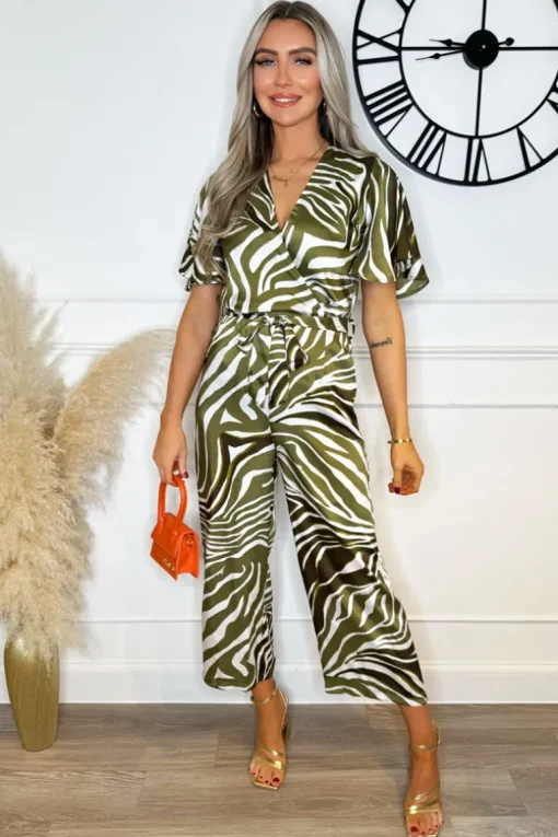 Olive Print Wrap Top Tie Waist Jumpsuit