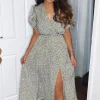 Olive Printed Tie Waist Midi Dress