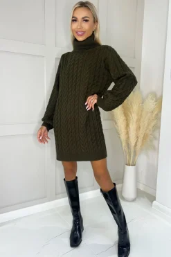 Olive Roll Neck Cable Knit Dress