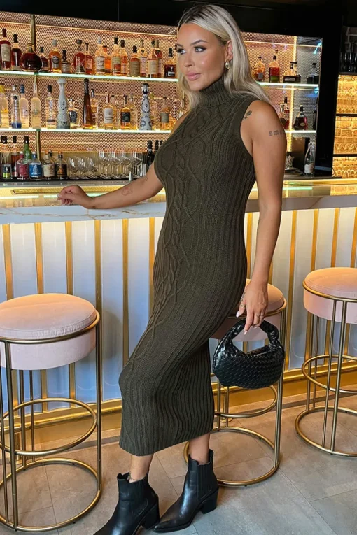 Olive Roll Neck Sleeveless Cable and Ribbed Knit Midi Dress