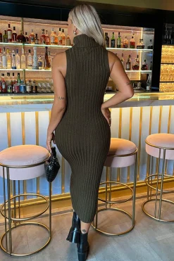 Olive Roll Neck Sleeveless Cable and Ribbed Knit Midi Dress
