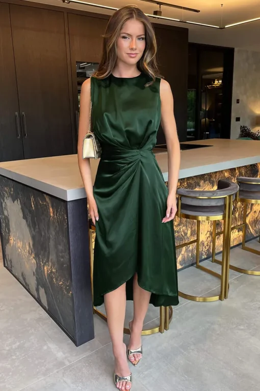 Olive Round Neck Shoulder Pads Gathered Midi Dress