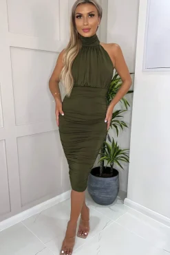 Olive Ruched High Neck Midi Dress
