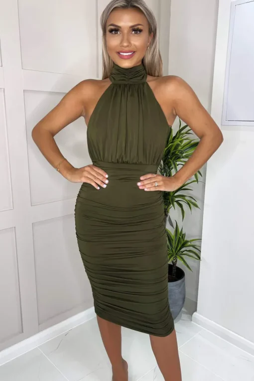 Olive Ruched High Neck Midi Dress