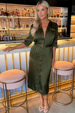 Olive Satin Belted 3/4 Sleeve Gold Buttons Shirt Midi Dress