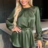 Olive Satin Long Sleeve Gold Detail Belt Top