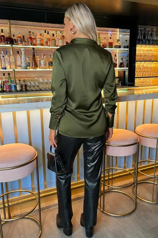 Olive Satin Long Sleeve Gold Button Shirt