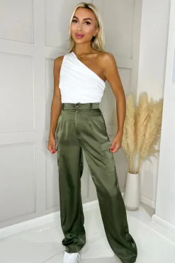 Olive Satin Straight Leg Cargo Pants