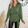 Olive Satin Tie Waist Wrap Shirt