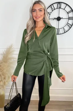 Olive Satin Tie Waist Wrap Shirt