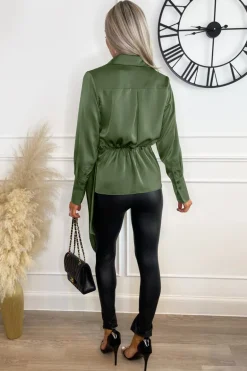 Olive Satin Tie Waist Wrap Shirt