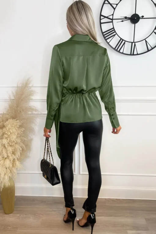 Olive Satin Tie Waist Wrap Shirt