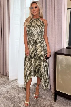 Olive Snake Print Racer Neck Zig Zag Hem Pleated Midi Dress