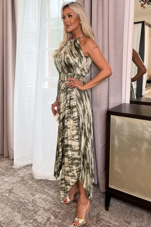 Olive Snake Print Racer Neck Zig Zag Hem Pleated Midi Dress
