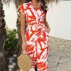 Orange And Cream Tropical Print Tie Waist Shirt Midi Dress