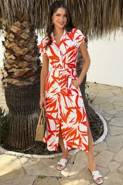 Orange And Cream Tropical Print Tie Waist Shirt Midi Dress