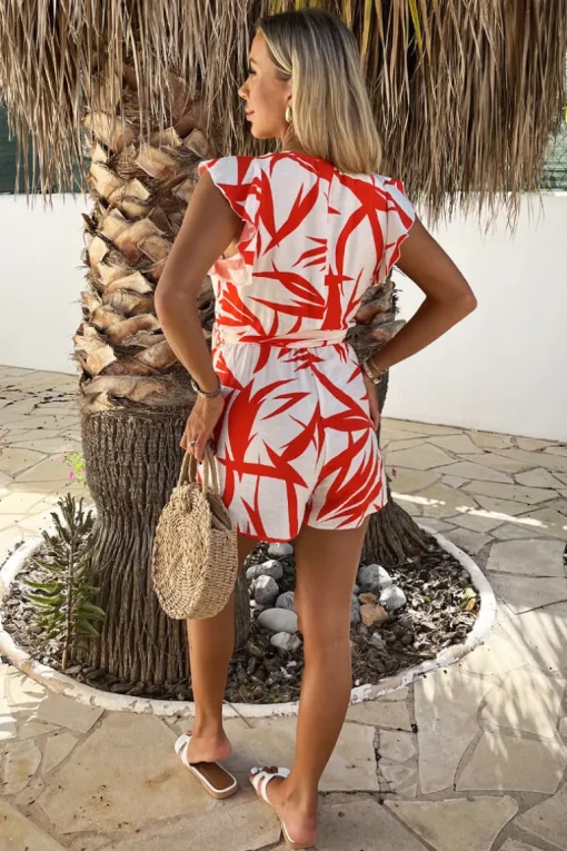 Orange And Cream Tropical Print Wrap Top Tie Waist Playsuit