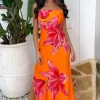 Orange And Pink Floral Print Strappy Slip Midi Dress