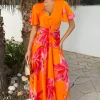 Orange And Pink Floral Print V Neck Cut Out Knot Detail Midi Dress