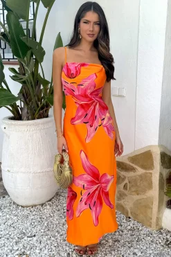 Orange And Pink Floral Print Strappy Slip Midi Dress