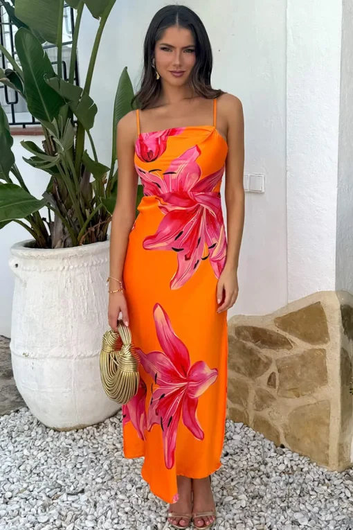 Orange And Pink Floral Print Strappy Slip Midi Dress