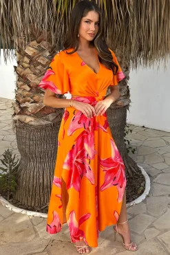 Orange And Pink Floral Print V Neck Cut Out Knot Detail Midi Dress