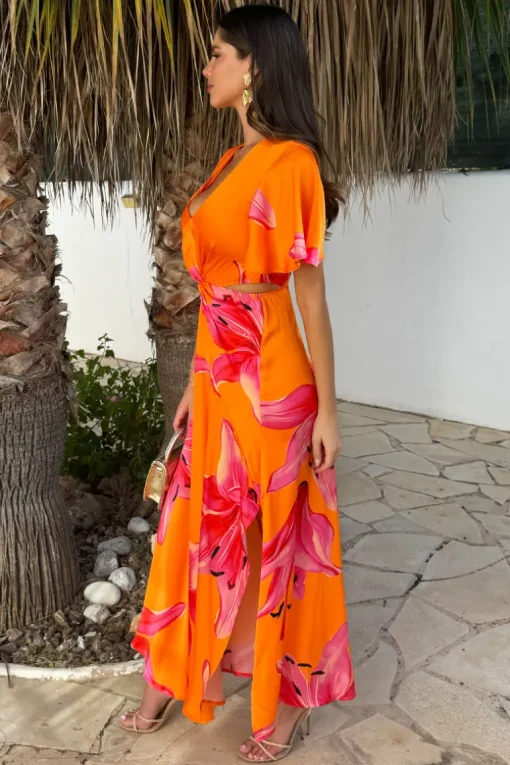 Orange And Pink Floral Print V Neck Cut Out Knot Detail Midi Dress