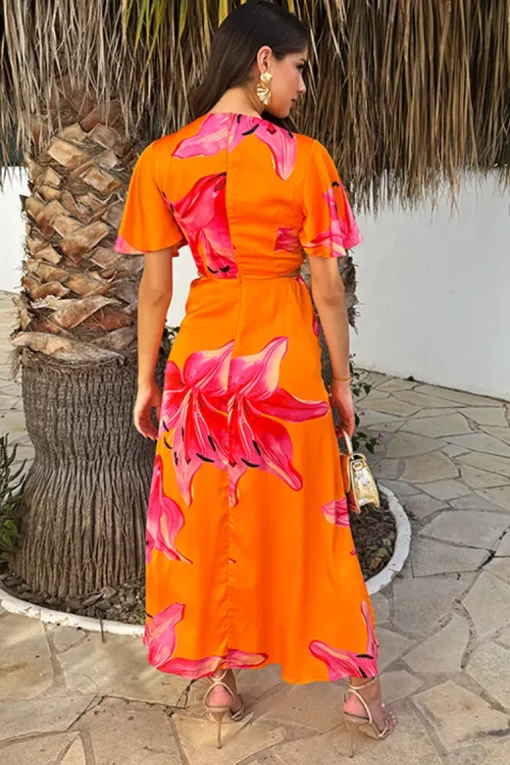 Orange And Pink Floral Print V Neck Cut Out Knot Detail Midi Dress