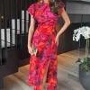 Orange And Purple Abstract Print Flutter Sleeve Midi Dress
