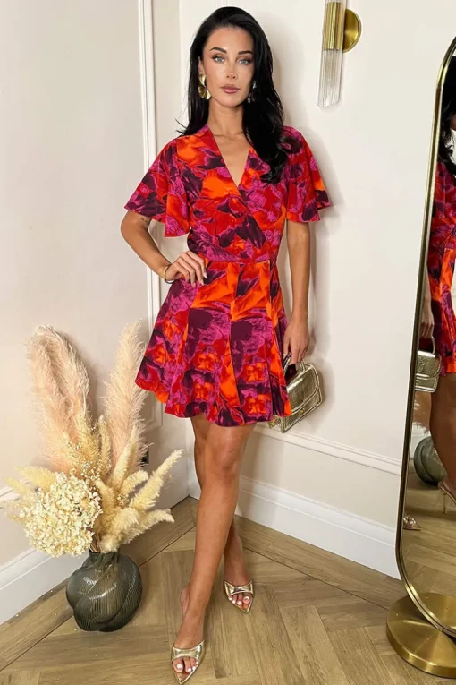 Orange And Purple Abstract Print Wrap Top Skater Mini Dress
