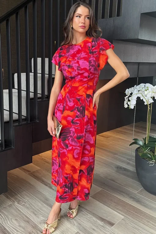 Orange And Purple Abstract Print Flutter Sleeve Midi Dress
