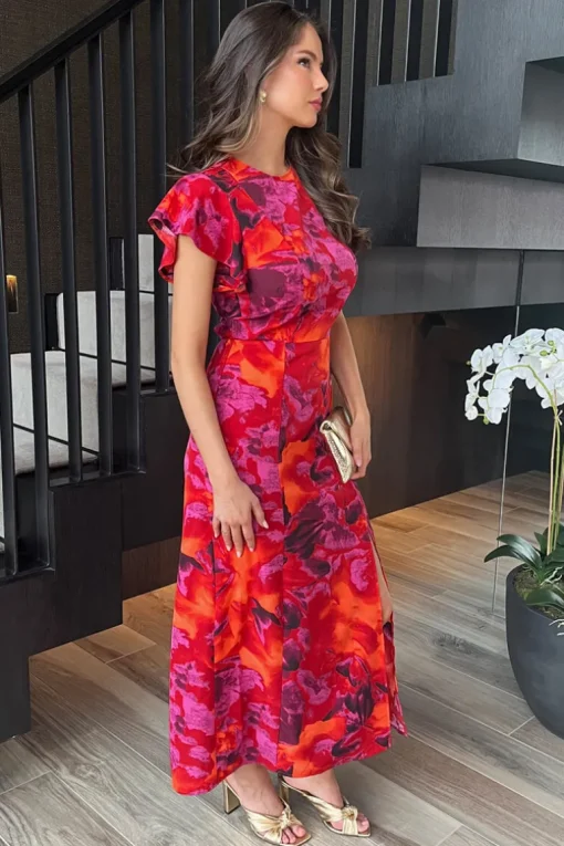 Orange And Purple Abstract Print Flutter Sleeve Midi Dress