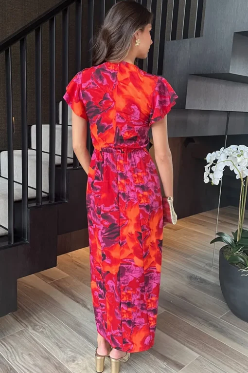 Orange And Purple Abstract Print Flutter Sleeve Midi Dress