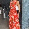Orange Floral Cut Out Waist Midi Dress