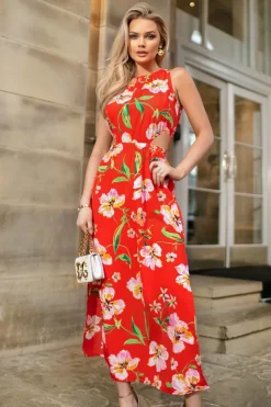 Orange Floral Cut Out Waist Midi Dress