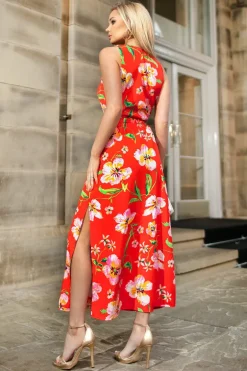 Orange Floral Cut Out Waist Midi Dress