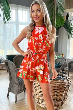Orange Floral High Neck Playsuit