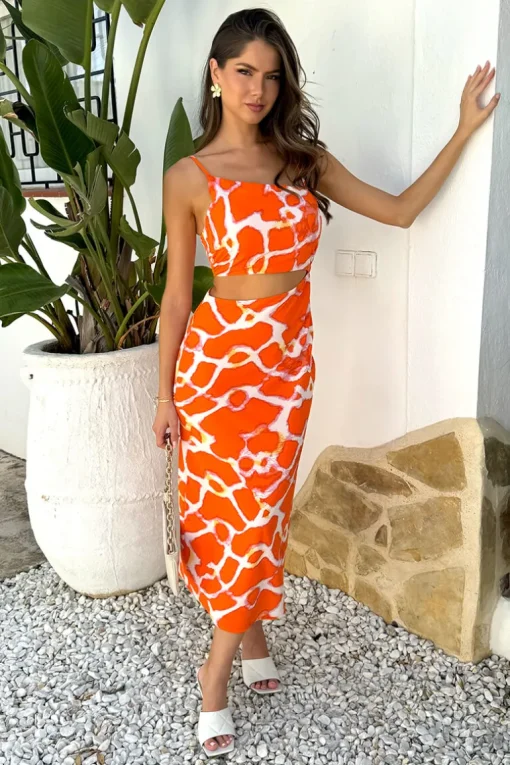 Orange Giraffe Print Asymmetric Cut Out Midi Dress