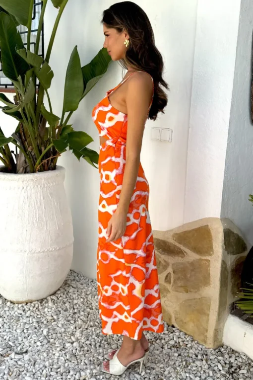 Orange Giraffe Print Asymmetric Cut Out Midi Dress